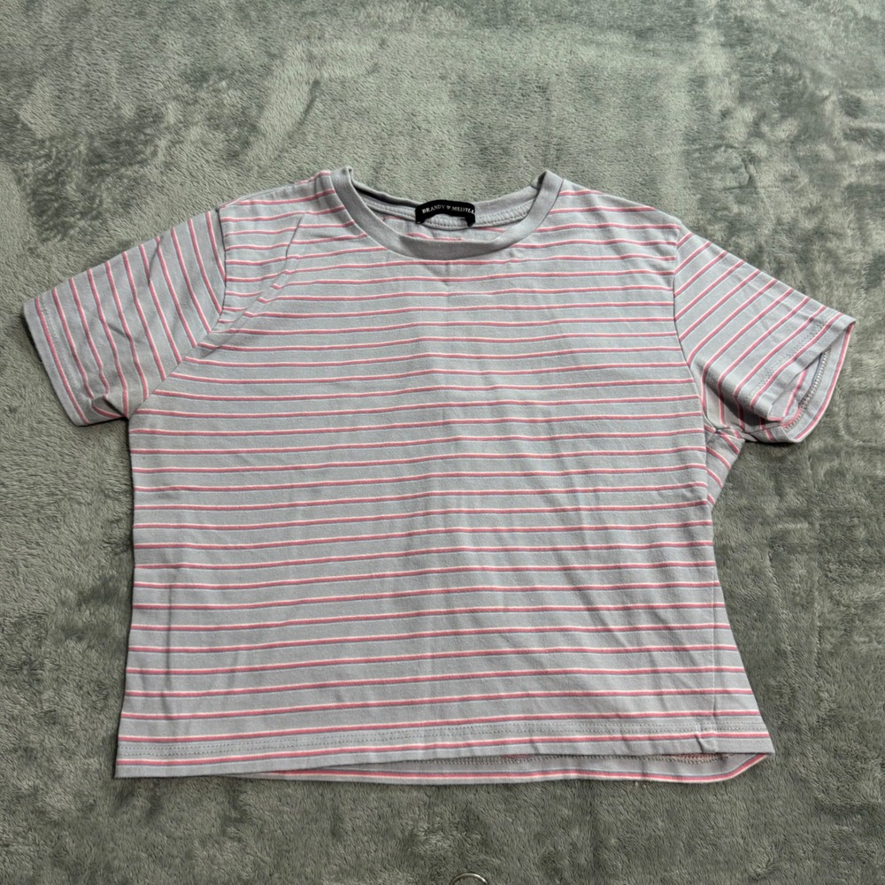 Brandy Melville Striped Short Sleeve Crop Top Gray Pink White Crew Neck One Size